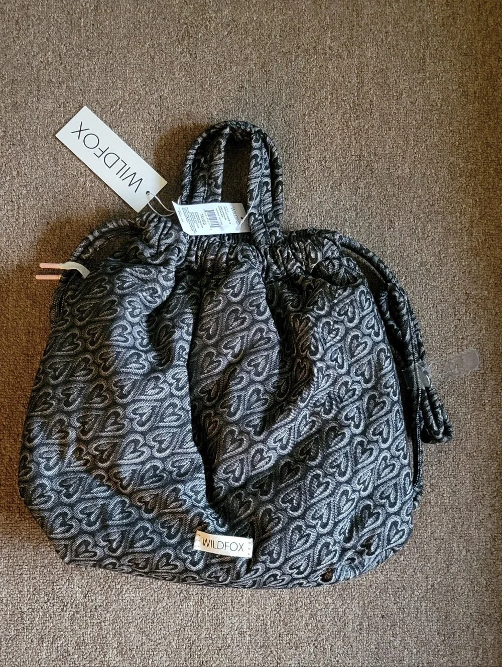 NWT Wildfox Black & Gray Heart Print Drawstring Backpack